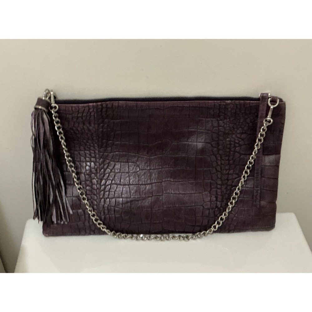 Helena de Natalio Croc Leather Burgundy Zip Shoulder Bag Silver Chain 15"x9"‎